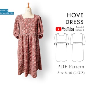 Hove Dress PDF Sewing Pattern + Tutorial Video - Digital Pattern - Puff Sleeves, Cottagecore - Sizes 8-30