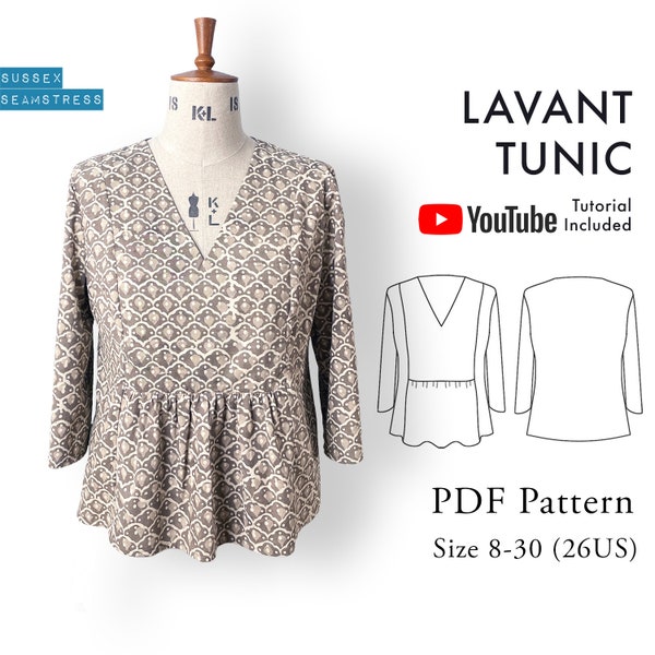 Lavant Blouse tunique femme col en V PDF Patron de couture + tutoriel vidéo - Patron numérique - Taille 8,10,12,14,16,18,20,22,24,26,28,30