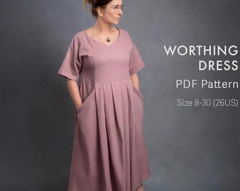 Worthing Dress PDF Sewing Pattern: V/Square Neck Pleated Dress with Pockets (Size 8-30)