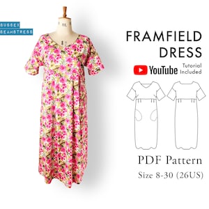 Framfield V Neck Dress with Pockets - PDF Sewing Pattern + Tutorial Video - Beginner Pattern - Size 8,10,12,14,16,18,20,22,24,26,28,30