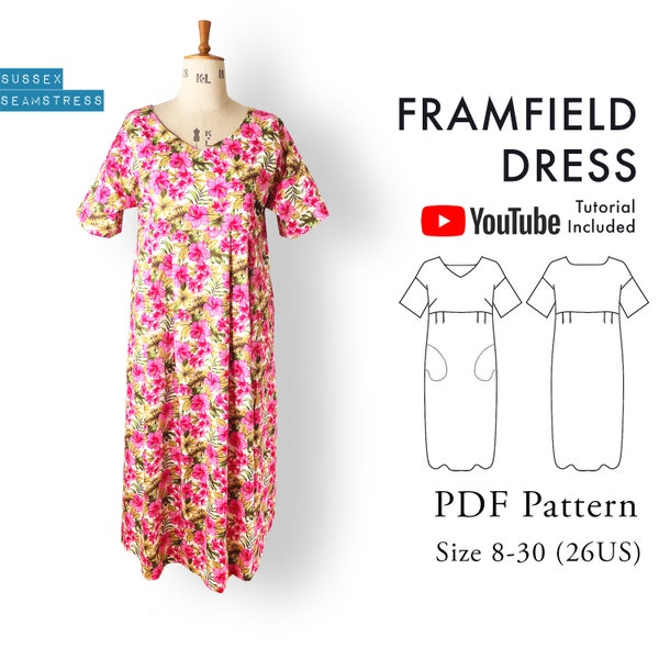 Vestido Framfield con cuello en V y bolsillos - Patrón de costura PDF + Vídeo tutorial - Patrón para principiantes - Talla 8,10,12,14,16,18,20,22,24,26,28,30