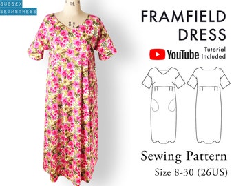 Framfield V Neck Dress with Pockets - Sewing Pattern + Tutorial Video - Beginner - Size 8,10,12,14,16,18,20,22,24,26,28,30 - (SQ1228892)