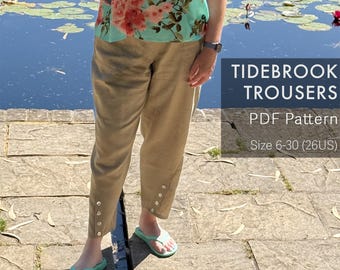 Tidebrook Womens Trousers PDF Sewing Pattern + Tutorial Video - High Rise, Elastic Waist, Twisted Seam, Button Ankle - Size 6-30