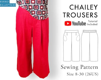 Chailey Women's Trousers with Pockets Sewing Pattern + Tutorial Video - Elasticated - Size 8,10,12,14,16,18,20,22,24,26,28,30 - (SQ4279569)