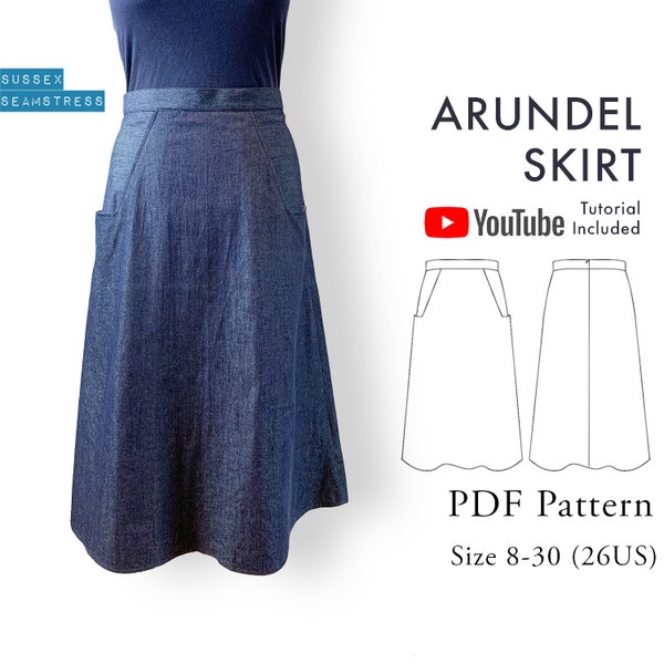 Arundel ALine Skirt PDF Sewing Pattern with Pockets + Tutorial Video - Denim, Cord, Linen - Size 8,10,12,14,16,18,20,22,24,26,28,30