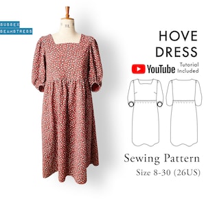 Hove Dress Sewing Pattern + Tutorial Video - Puff Sleeves, Square Neck, Cottagecore - Sizes 8-30 - (SQ3049634)