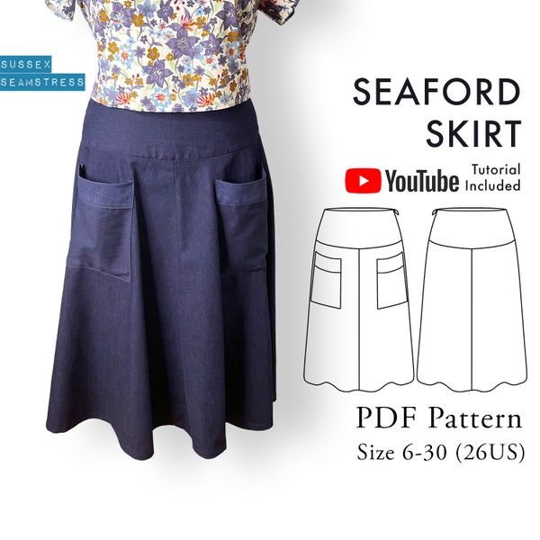 Seaford Womens Skirt PDF Sewing Pattern with Pockets + Tutorial Video - Denim, Linen - Size 6,8,10,12,14,16,18,20,22,24,26,28,30