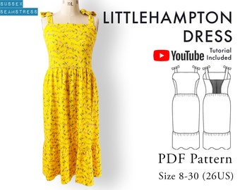 Littlehampton Summer Dress PDF Sewing Pattern + Tutorial Video - Shirred Back, Digital Pattern - Size 8,10,12,14,16,18,20,22,24,26,28,30