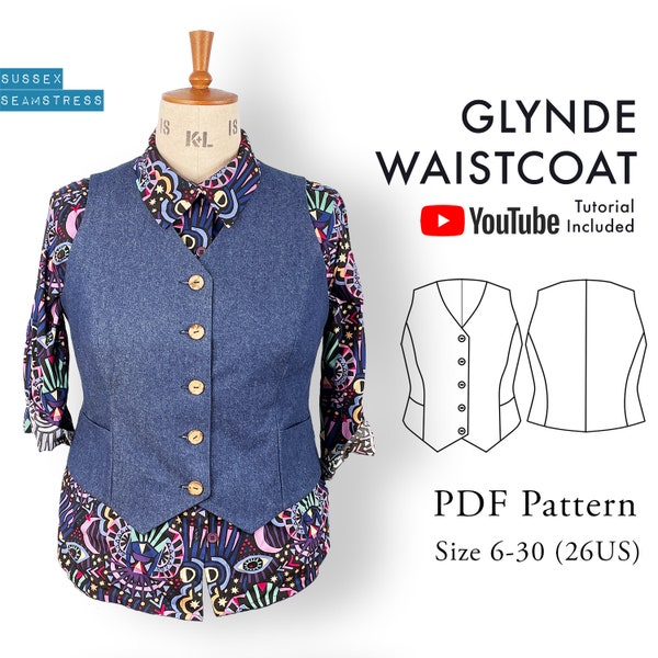 Glynde Womens Waistcoat / Vest PDF Sewing Pattern + Tutorial Video - Fully Lined - Size 6,8,10,12,14,16,18,20,22,24,26,28,30