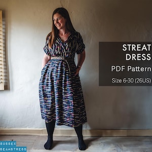 Streat 50s Style V Neck Shirt Dress with Pockets PDF Sewing Pattern + Tutorial Video - Sizes 6-30