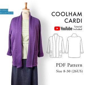 Coolham Cardigan PDF Sewing Pattern + Tutorial Video - Digital Pattern - Size 8,10,12,14,16,18,20,22,24,26,28,30