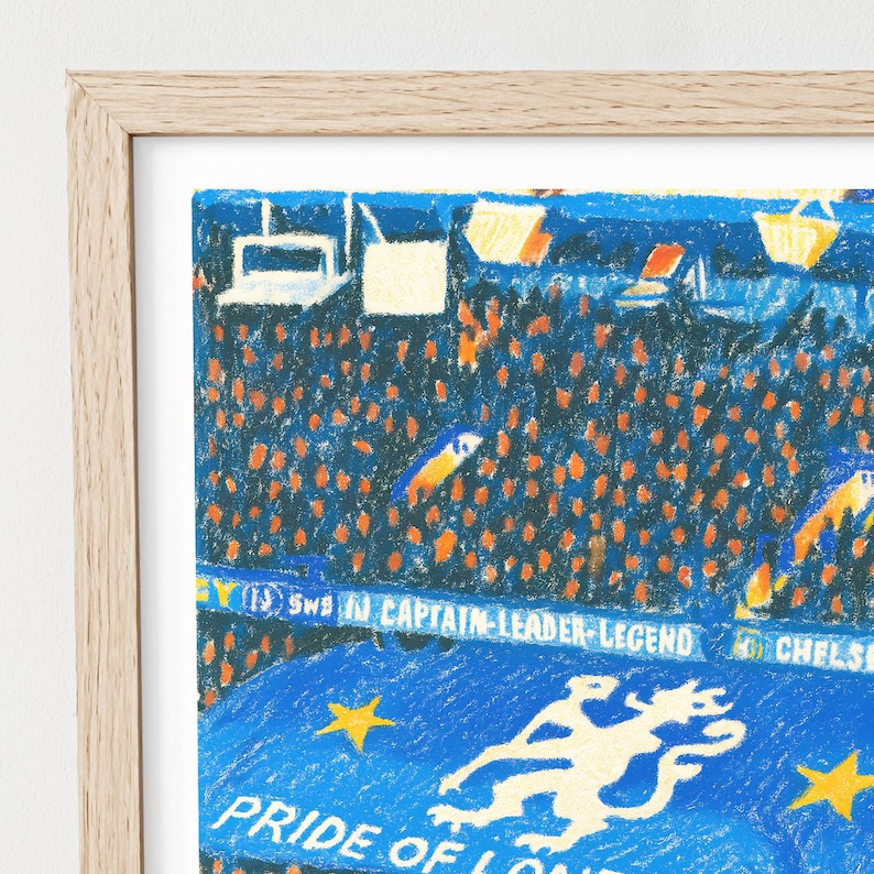 Crayon style Chelsea stadium artwork. Great addition to a football themed room or office.