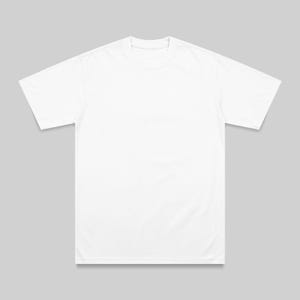 May include: A plain white t-shirt with short sleeves, displayed on a light gray background. The shirt has a crew neck and a simple, minimalist design. The fabric appears to be a soft, opaque material.