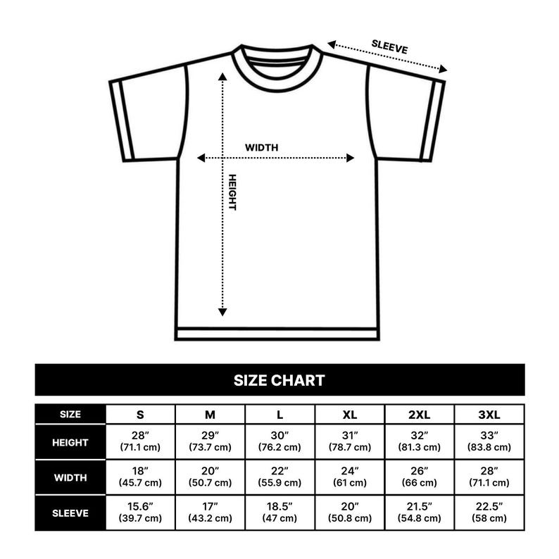 May include: Size chart for a t-shirt with measurements in inches and centimeters. The chart shows the size, height, width, and sleeve length for sizes S, M, L, XL, 2XL, and 3XL.