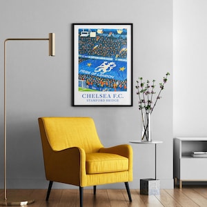 Stamford Bridge poster showing the pitch and stands in crayon effect. Football home decor.