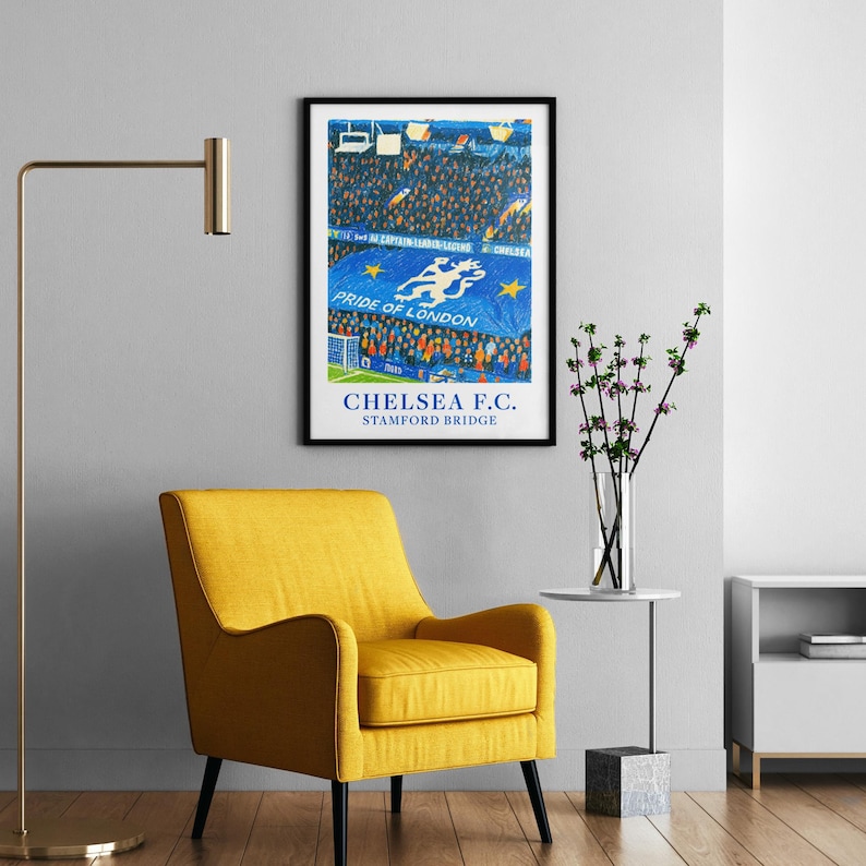 Stamford Bridge poster showing the pitch and stands in crayon effect. Football home decor.