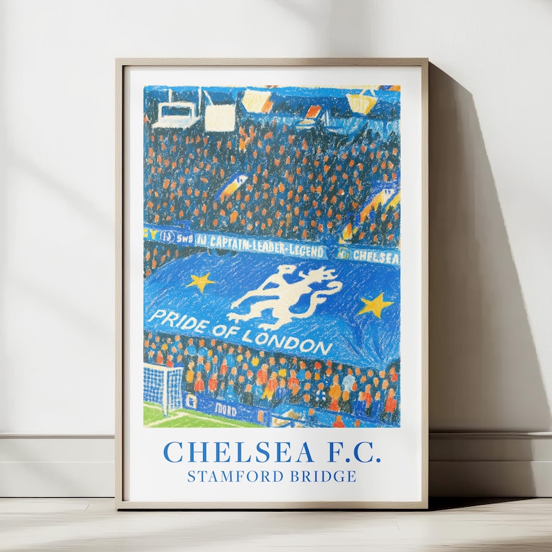 Chelsea FC stadium wall print in vibrant pastel tones. Perfect present for London football fans.