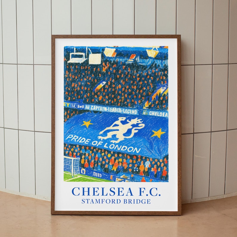 Chelsea FC stadium wall print in vibrant pastel tones. Perfect present for London football fans.