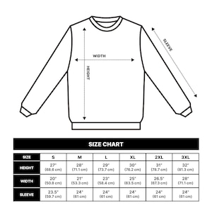 Pode incluir: Tabela de tamanhos para um moletom com medidas em polegadas e cent&iacute;metros para os tamanhos S, M, L, XL, 2XL e 3XL. A tabela mostra a altura, a largura e o comprimento da manga de cada tamanho.