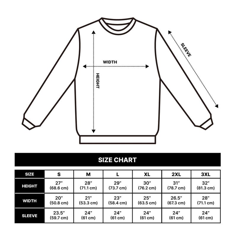 Pode incluir: Tabela de tamanhos para um moletom com medidas em polegadas e cent&iacute;metros para os tamanhos S, M, L, XL, 2XL e 3XL. A tabela mostra a altura, a largura e o comprimento da manga de cada tamanho.