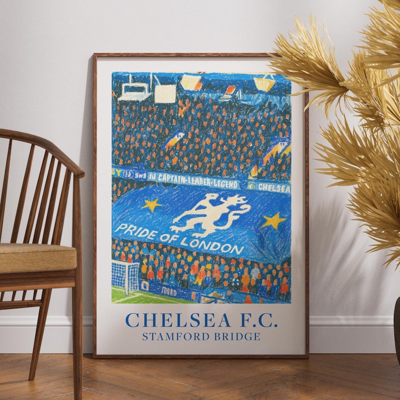 Chelsea stadium illustration with hand drawn wax texture. Ideal christmas gift for Blues supporters.