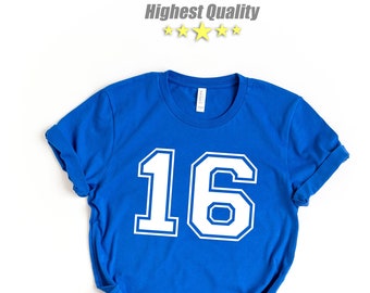 May include: A royal blue t-shirt with a white number "16" in a varsity style font.