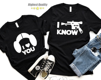 Camiseta Te amo, lo sé, camiseta de pareja de Disney, camiseta de pareja, camiseta de pareja, camisetas del día de San Valentín, camiseta de la princesa Leia Hon Solo, Sr. y Sra., regalo