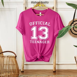 May include: Pink t-shirt with white text that says "Official 13 Teenager".