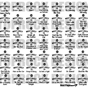 May include: A white graphic with black text listing humorous scenarios, such as "Most Likely To Lead The Dance Party" and "Most Likely To Get Naked." The text is arranged in a grid with numbered circles.