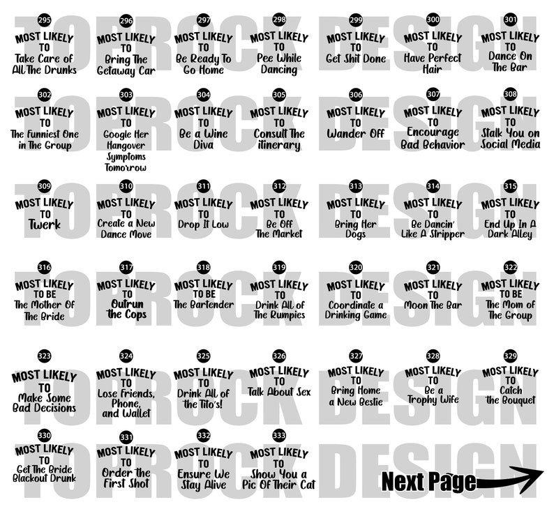 May include: A collection of black and white text graphics with humorous phrases like "Most Likely To Take Care of All The Drunks" and "Most Likely To Bring The Getaway Car". The design is for a bachelorette party.