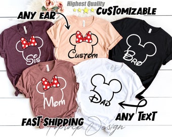 May include: Five t-shirts with a Mickey Mouse ear design. The shirts are in different colors and have different text on them. The text includes "Sis", "Custom", "Bro", "Mom", and "Dad".