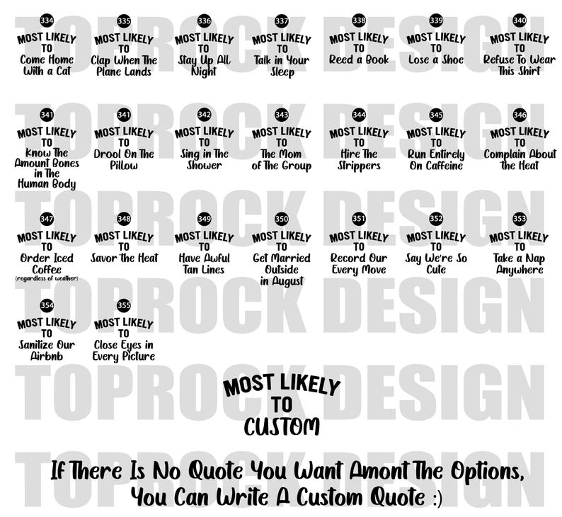 May include: A white background features a collection of black text graphics with the phrase "MOST LIKELY TO" followed by various humorous statements. The image also includes the text "TOPROCK DESIGN" and "MOST LIKELY TO CUSTOM".
