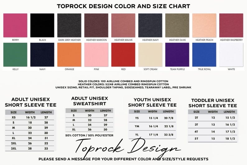 May include: A size chart for unisex short sleeve tees and sweatshirts in various colors. The chart includes sizes for adults, youth, and toddlers. The chart also includes the width and length measurements for each size.