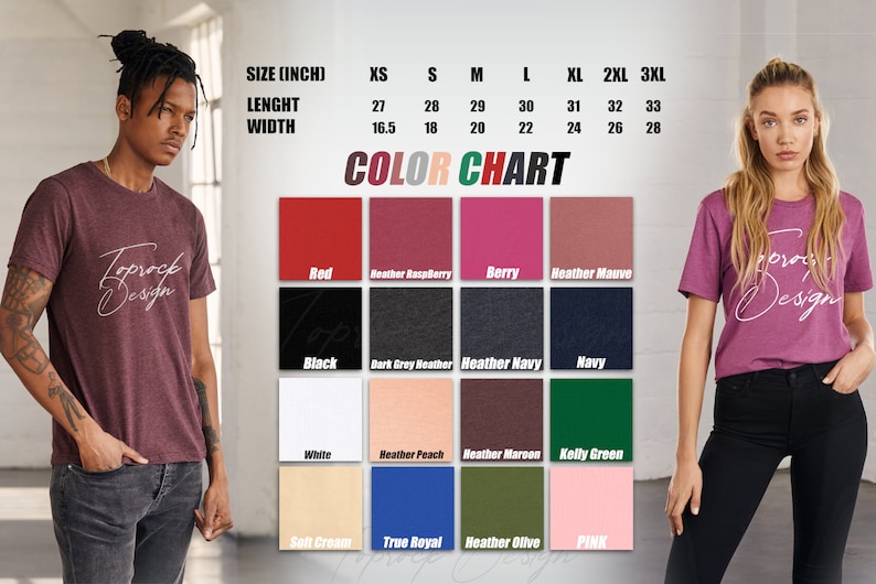May include: Color chart for t-shirts with various colors, including red, black, white, heather raspberry, berry, heather mauve, dark grey heather, heather navy, navy, heather peach, heather maroon, kelly green, soft cream, true royal, heather olive, and pink. The chart shows the size in inches, with measurements for length and width.