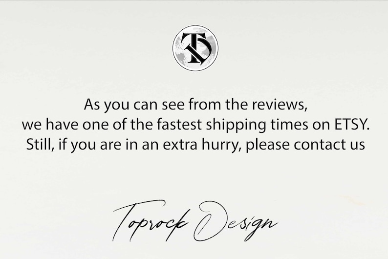 Puede incluir: Texto sobre un fondo blanco que dice: "Como puedes ver en las rese&ntilde;as, tenemos uno de los tiempos de env&iacute;o m&aacute;s r&aacute;pidos en ETSY. Aun as&iacute;, si tienes mucha prisa, ponte en contacto con nosotros Toprock Design."