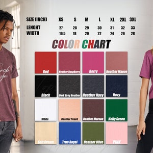 May include: Colour chart for t-shirts with various colours, including red, black, white, heather raspberry, berry, heather mauve, dark grey heather, heather navy, navy, heather peach, heather maroon, kelly green, soft cream, true royal, heather olive, and pink. The chart shows the size in inches, with measurements for length and width.