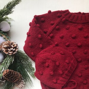 Knit Kids Sweater and Winter Hat Set Wool Kids Sweater Wool Winter Hat Merino Wool Sweater Red Wool Knit Sweater Knit Baby Sweater image 2