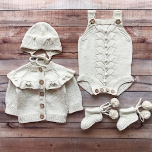 Hand Knitted Organic Cotton Baby Girl Outfit: Romper, Sweater, Bonnet & Booties