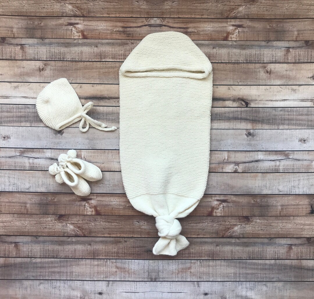 Hand Knit Merino Baby Cocoon Set With Bonnet & Booties - Newborn