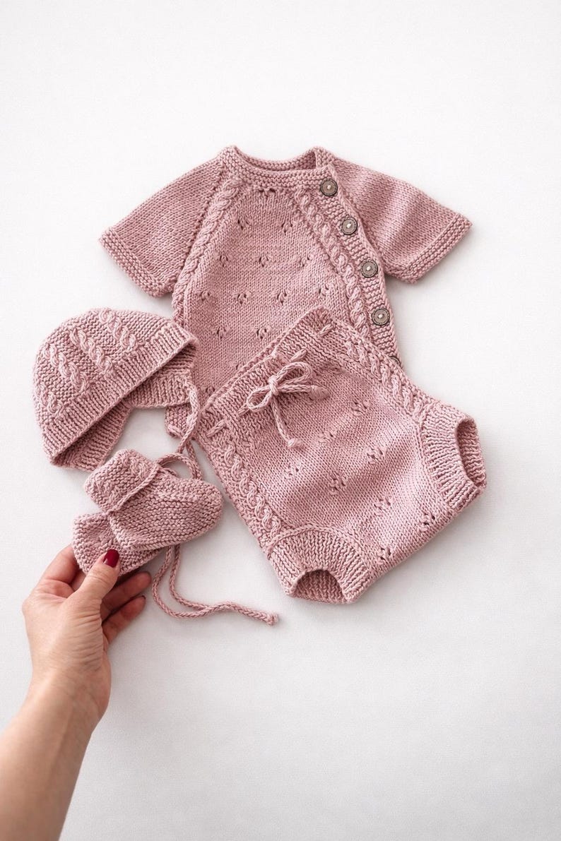 Newborn Baby Coming Home Outfit - Spring Summer Baby Outfit - Short Sleeved Sweater, Shorts, Bonnet & Booties Dusty Pink