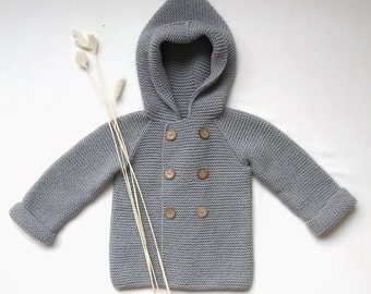 Knit Hooded Organic Cotton Cardigan-Knitted Baby Hooded Cardigan-Knitted Toddler Hooded Cardigan-Hooded Toddler Jacket-Organic Baby Clothes