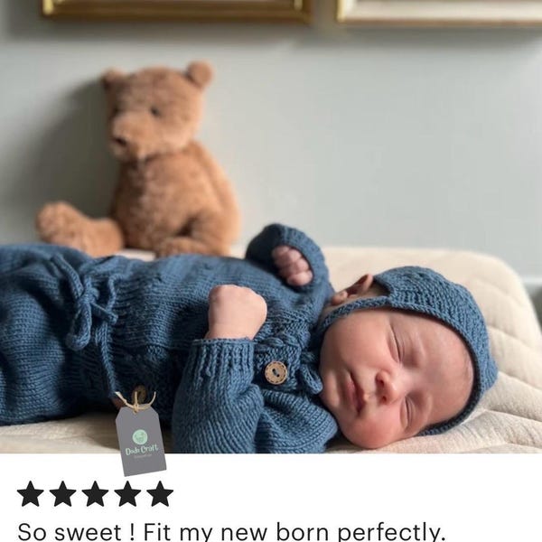 Hand Knitted Organic Cotton Newborn Outfit: Sweater, Pants, Bonnet & Booties