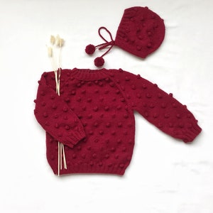 Knit Kids Sweater and Winter Hat Set Wool Kids Sweater Wool Winter Hat Merino Wool Sweater Red Wool Knit Sweater Knit Baby Sweater image 4