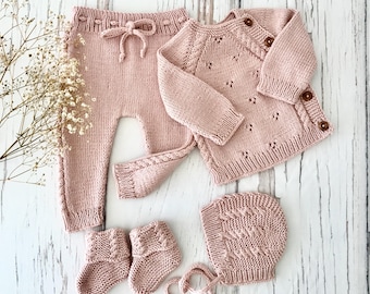 Hand Knit Newborn Girl Coming Home Outfit: Pink Baby Clothes in Organic Cotton