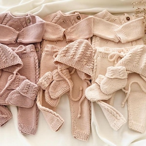 Hand Knit Organic Cotton Newborn Outfit: Sweater, Pants, Bonnet & Booties