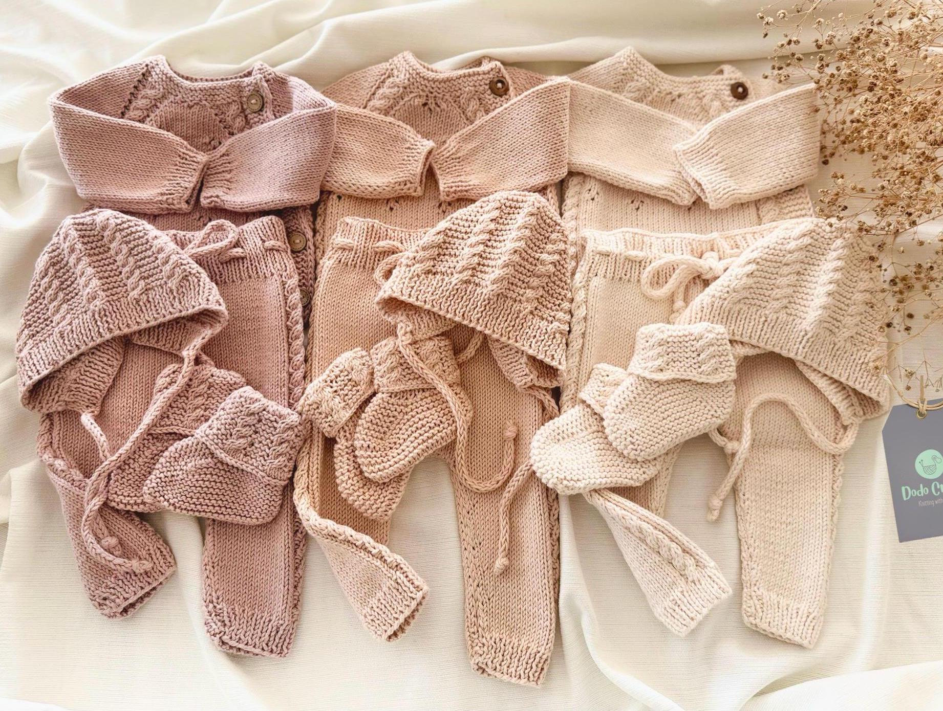 Hand Knit Organic Cotton Newborn Girl Outfit: Sweater, Pants, Bonnet & Booties