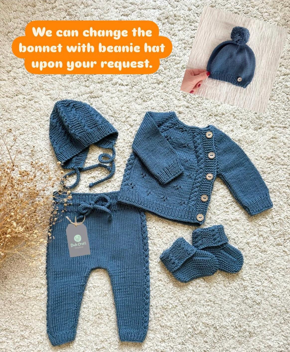 Hand Knitted Organic Cotton Newborn Outfit Sweater, Pants, Bonnet & Booties