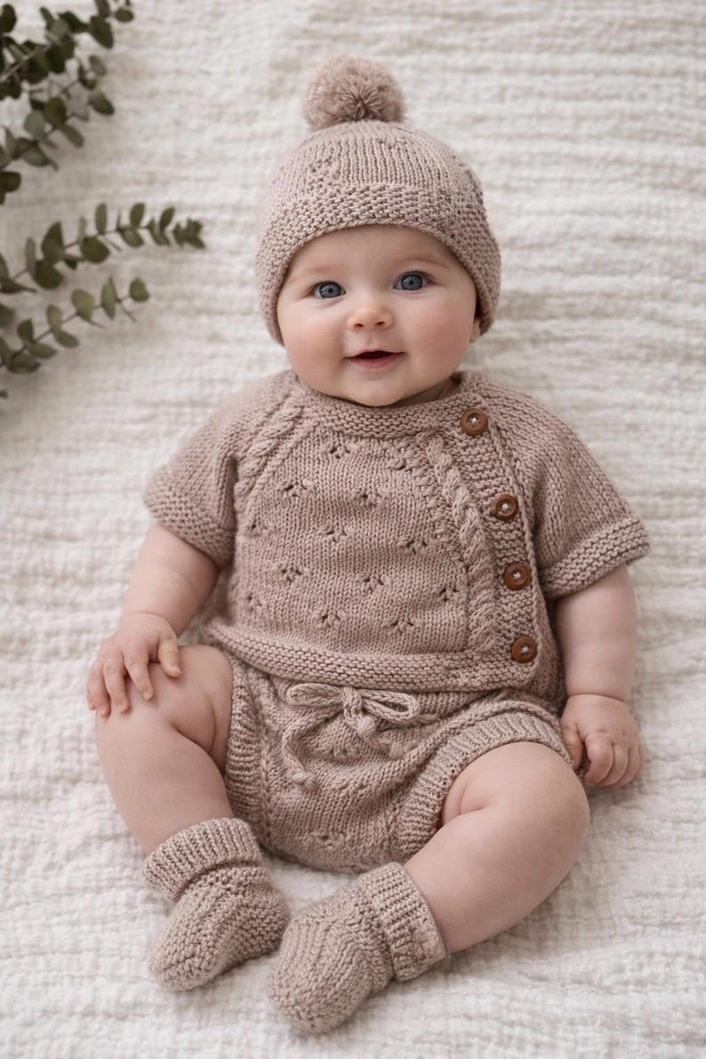 Newborn Baby Coming Home Outfit - Spring Summer Baby Outfit - Short Sleeved Sweater, Shorts, Bonnet & Booties image 16