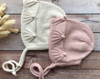 Hand Knit Organic Cotton Baby Bonnet: Broom Stitch Newborn Hat