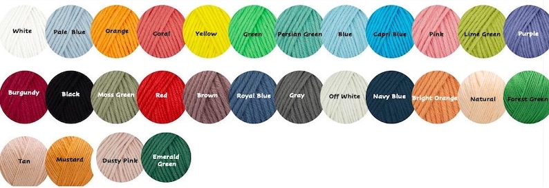 May include: A color chart of yarn with 36 different colors. The colors are arranged in three rows of 12. The colors include white, pale blue, orange, coral, yellow, green, Persian green, blue, capri blue, pink, lime green, purple, burgundy, black, moss green, red, brown, royal blue, gray, off white, navy blue, bright orange, natural, forest green, tan, mustard, dusty pink, and emerald green.